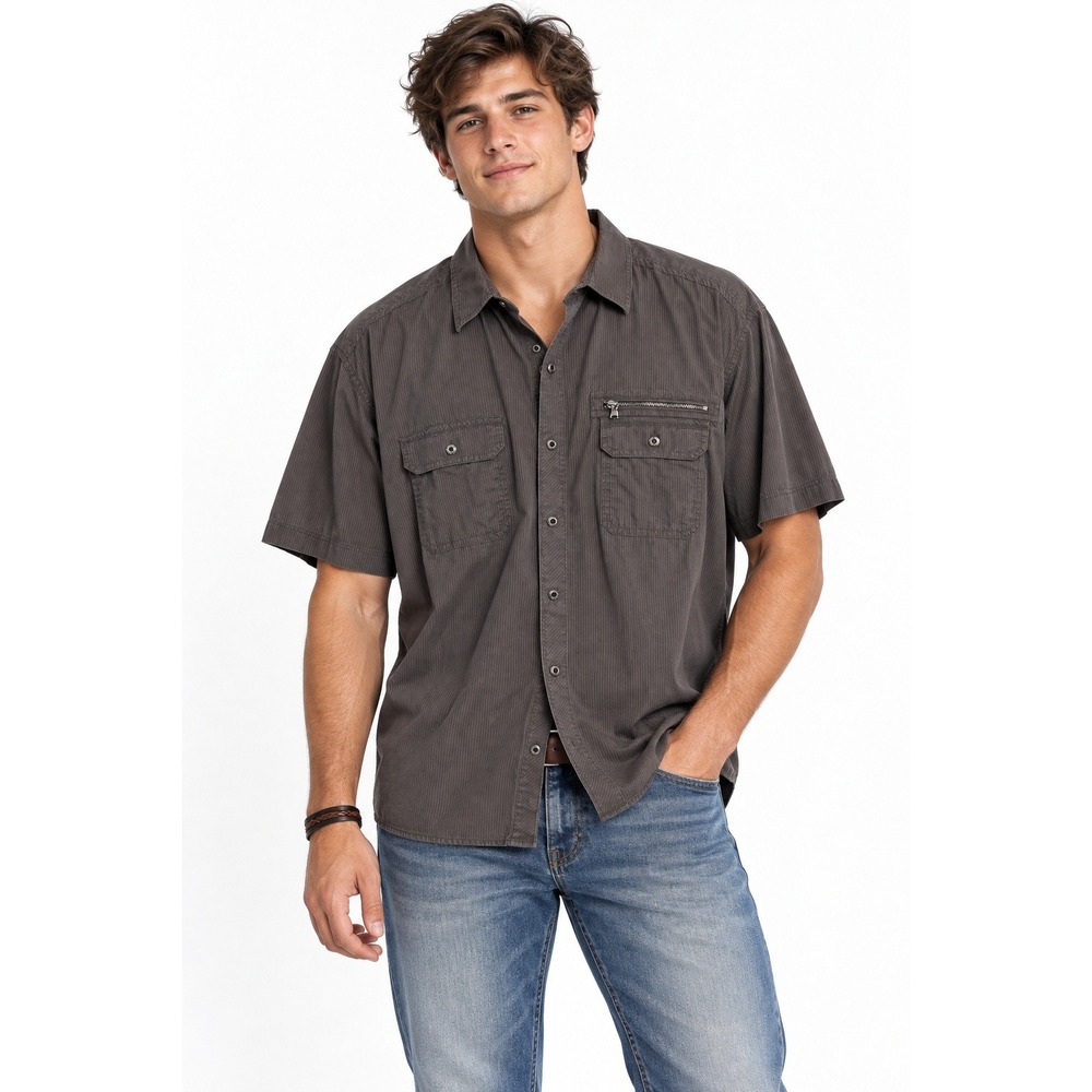 Rock & Republic Mens XXL Utility Shirt Gray Stripe Short Sleeve Zip Chest Pocket